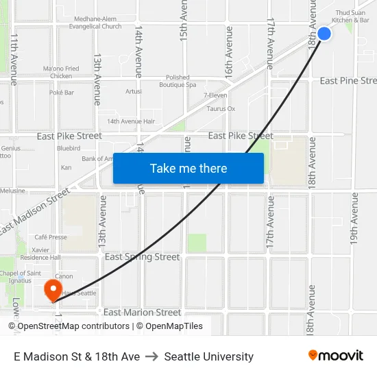 E Madison St & 18th Ave to Seattle University map