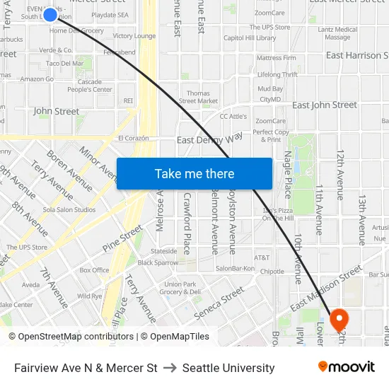 Fairview Ave N & Mercer St to Seattle University map