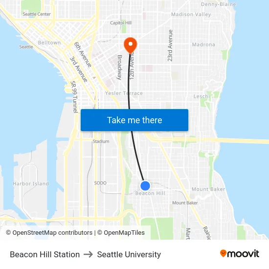 Beacon Hill Station to Seattle University map