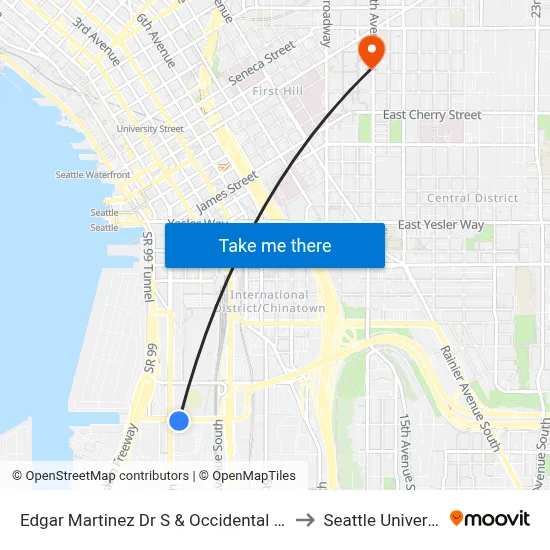 Edgar Martinez Dr S & Occidental Ave S to Seattle University map