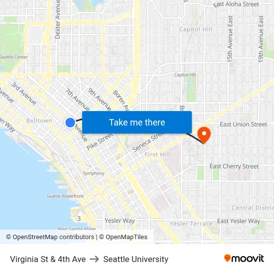Virginia St & 4th Ave to Seattle University map