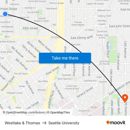 Westlake & Thomas to Seattle University map