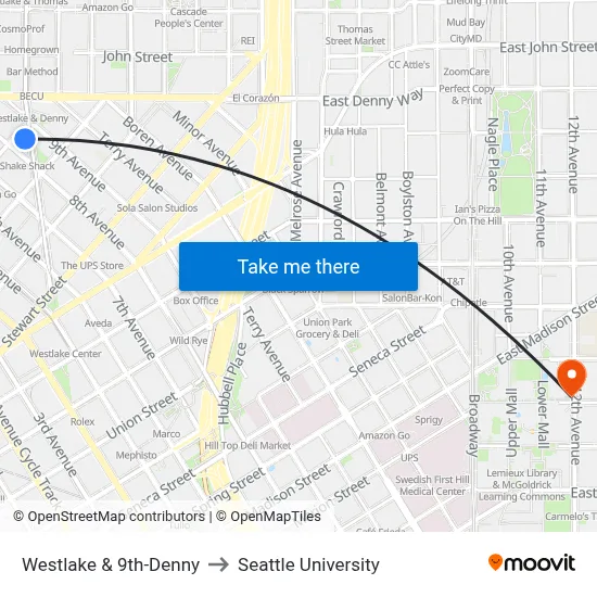 Westlake & 9th-Denny to Seattle University map