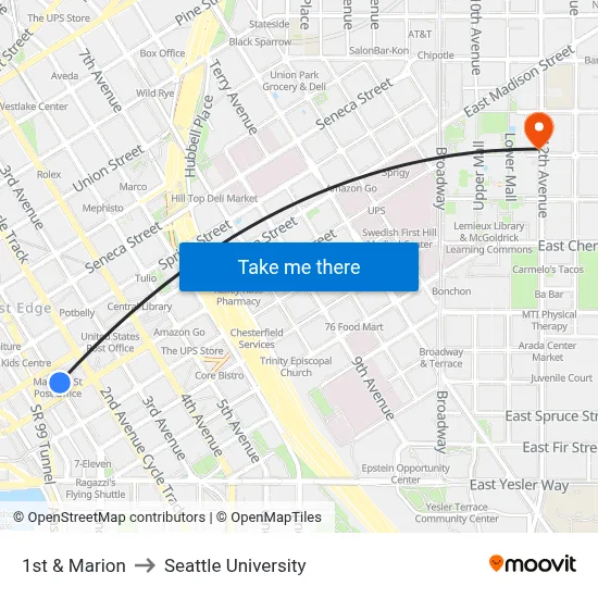 1st & Marion to Seattle University map