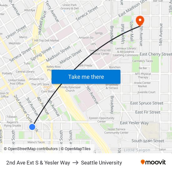 2nd Ave Ext S & Yesler Way to Seattle University map