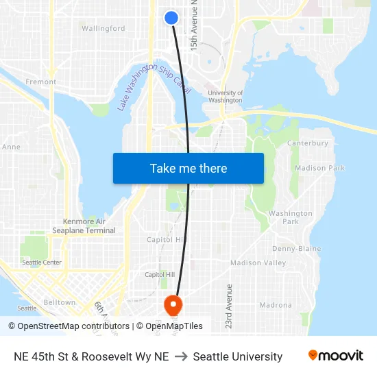 NE 45th St & Roosevelt Wy NE to Seattle University map