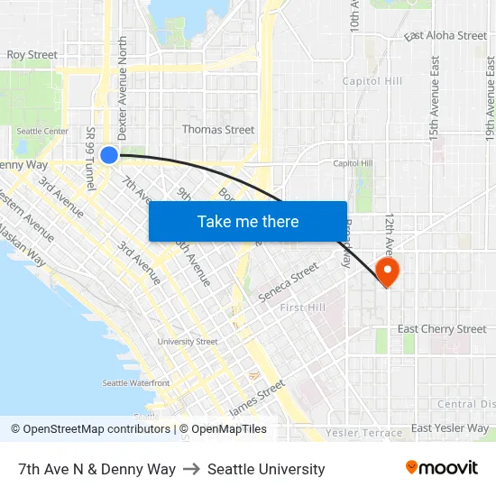 7th Ave N & Denny Way to Seattle University map