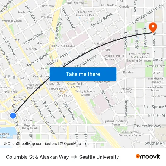 Columbia St & Alaskan Way to Seattle University map