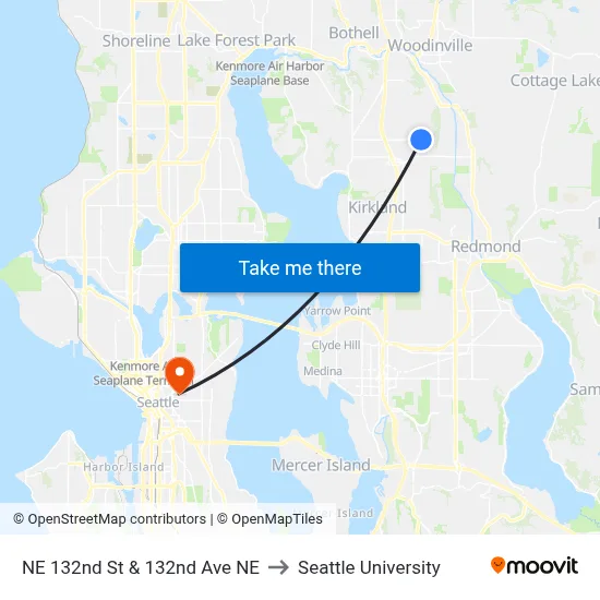 NE 132nd St & 132nd Ave NE to Seattle University map