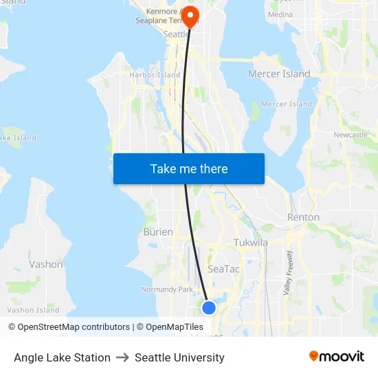 Angle Lake Station to Seattle University map