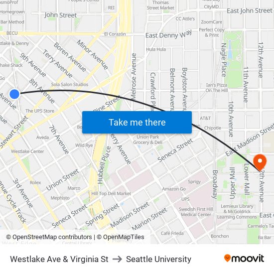 Westlake Ave & Virginia St to Seattle University map