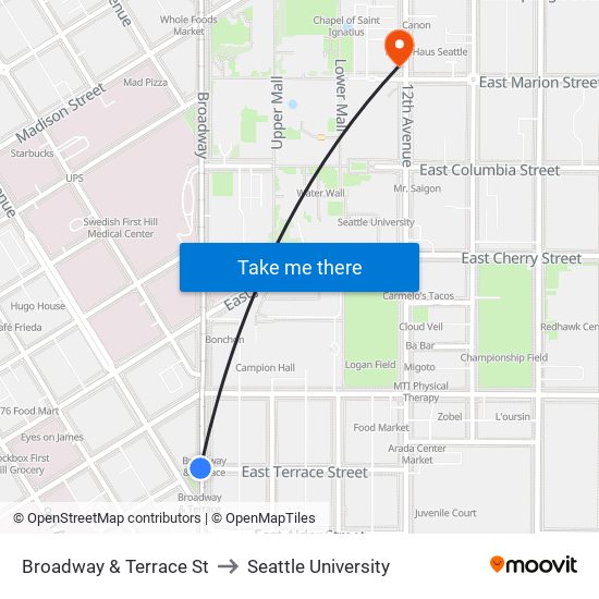 Broadway & Terrace St to Seattle University map