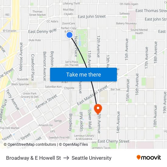 Broadway & E Howell St to Seattle University map