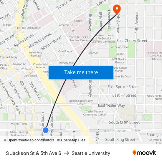 S Jackson St & 5th Ave S to Seattle University map
