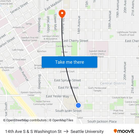 14th Ave S & S Washington St to Seattle University map