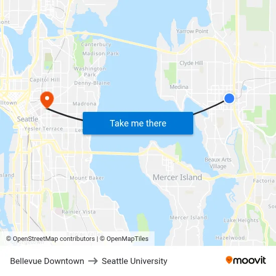 Bellevue Downtown to Seattle University map
