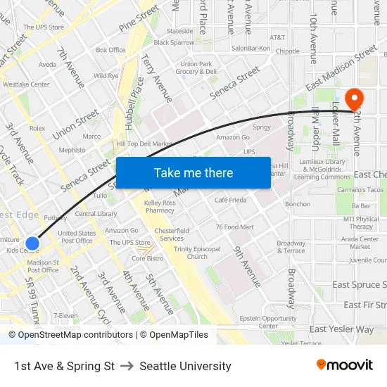 1st Ave & Spring St to Seattle University map