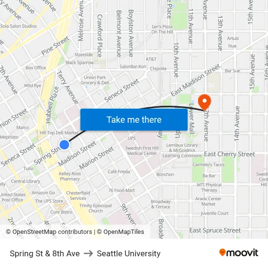 Spring St & 8th Ave to Seattle University map