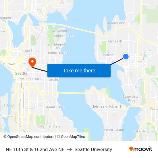NE 10th St & 102nd Ave NE to Seattle University map