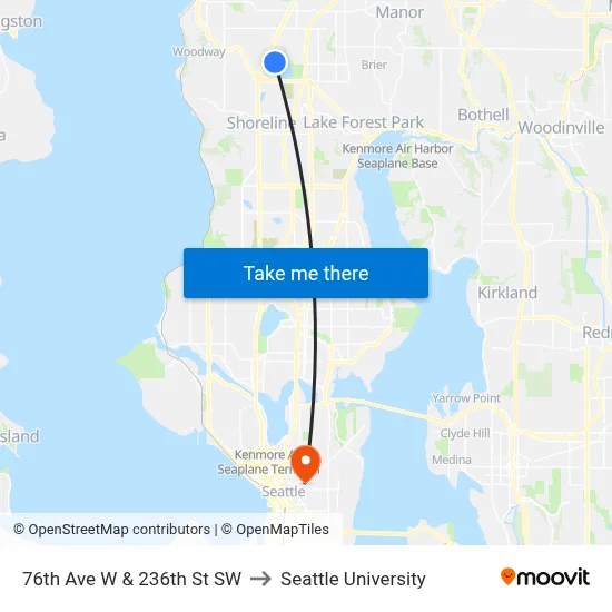 76th Ave W & 236th St SW to Seattle University map