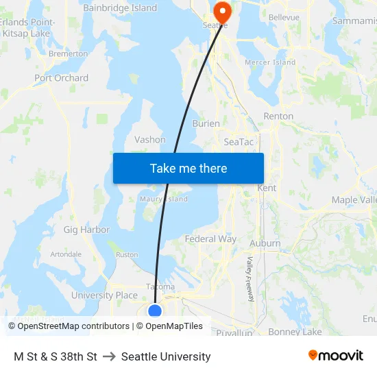 M St & S 38th St to Seattle University map