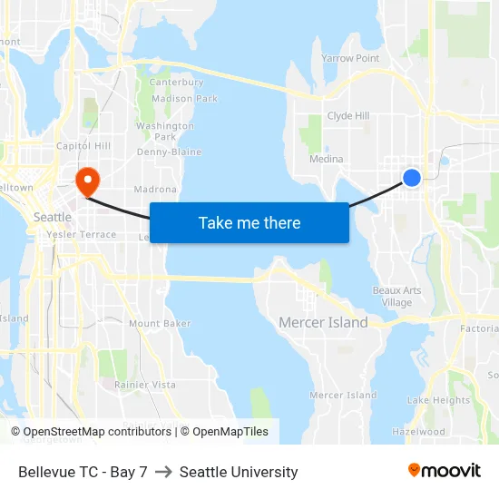 Bellevue TC - Bay 7 to Seattle University map