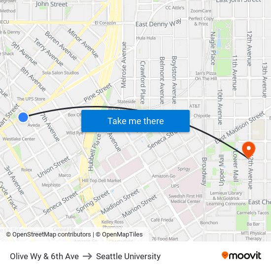 Olive Wy & 6th Ave to Seattle University map