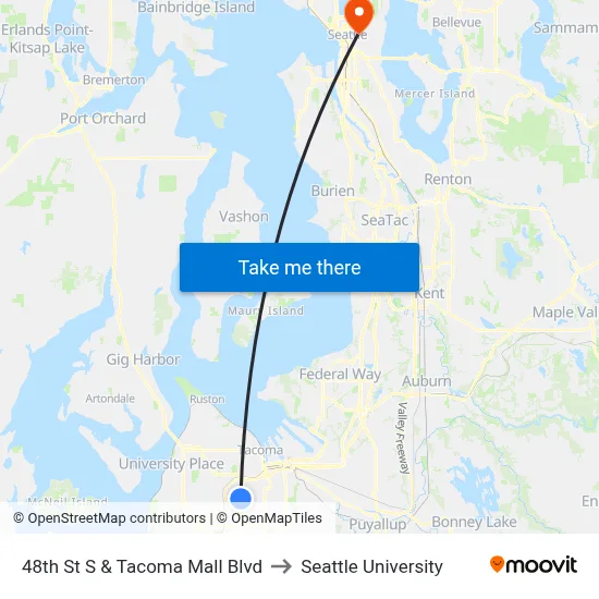 48th St S & Tacoma Mall Blvd to Seattle University map