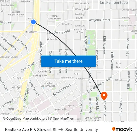Eastlake Ave E & Stewart St to Seattle University map