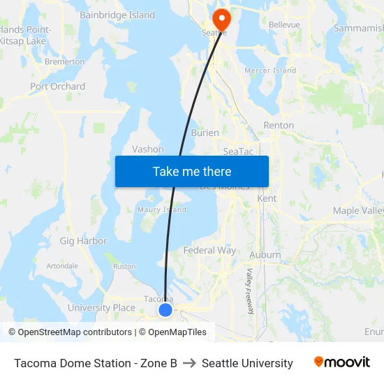 Tacoma Dome Station - Zone B to Seattle University map