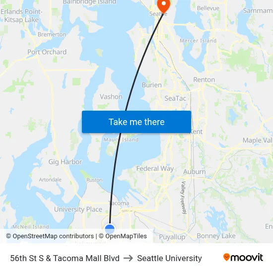 56th St S & Tacoma Mall Blvd to Seattle University map
