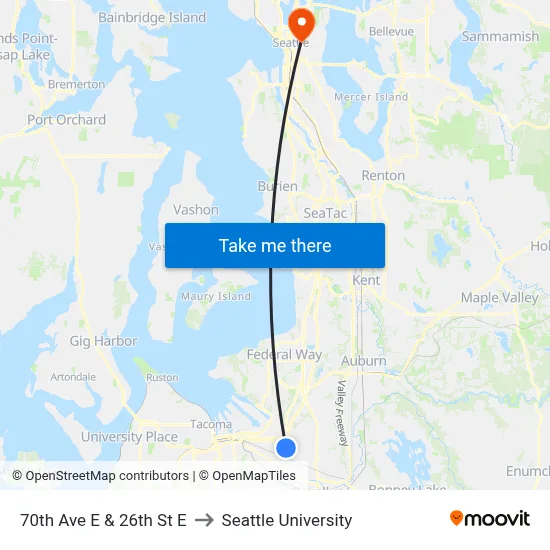 70th Ave E & 26th St E to Seattle University map