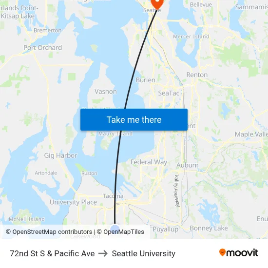 72nd St S & Pacific Ave to Seattle University map