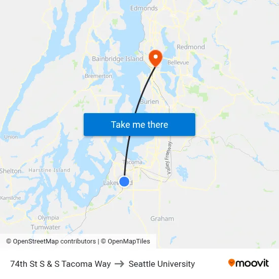 74th St S & S Tacoma Way to Seattle University map