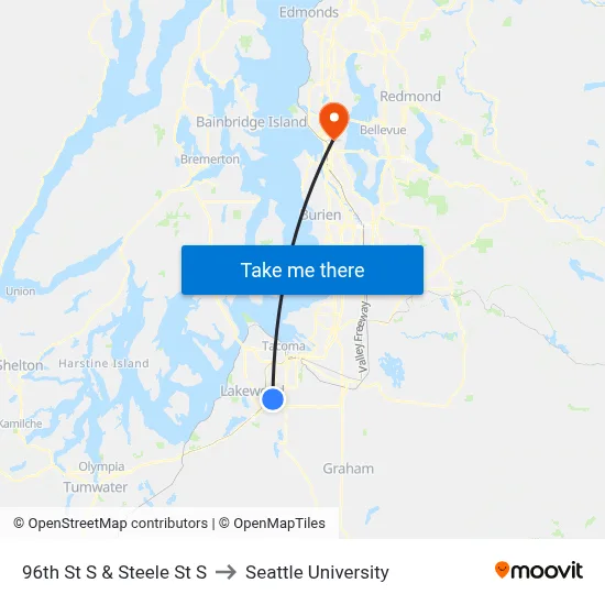 96th St S & Steele St S to Seattle University map