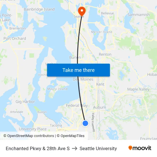 Enchanted Pkwy & 28th Ave S to Seattle University map