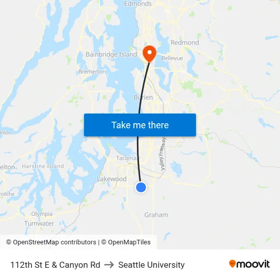 112th St E & Canyon Rd to Seattle University map
