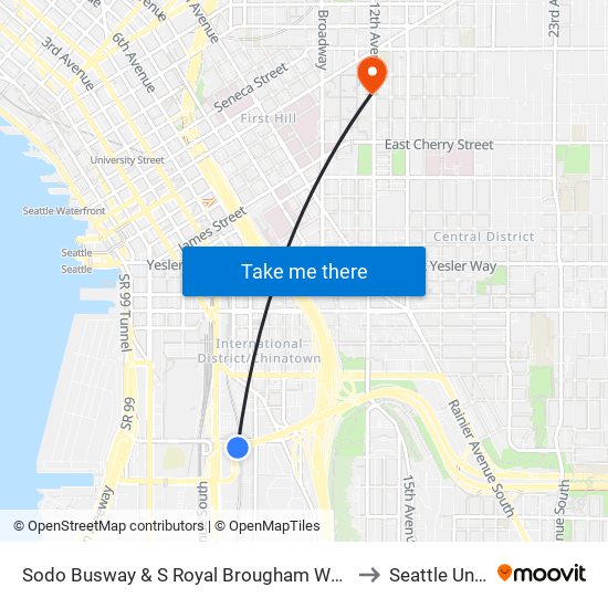 Sodo Busway & S Royal Brougham Way (Stadium Station) to Seattle University map