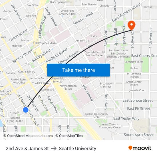 2nd Ave & James St to Seattle University map