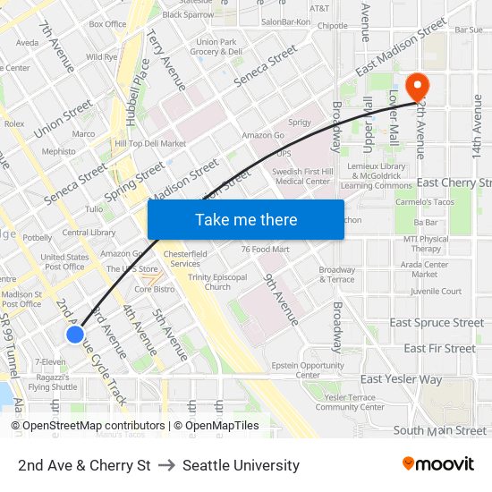 2nd Ave & Cherry St to Seattle University map