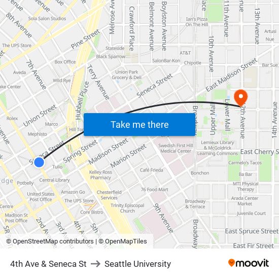 4th Ave & Seneca St to Seattle University map