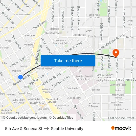 5th Ave & Seneca St to Seattle University map