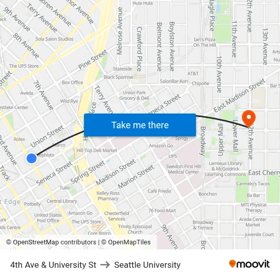 4th Ave & University St to Seattle University map