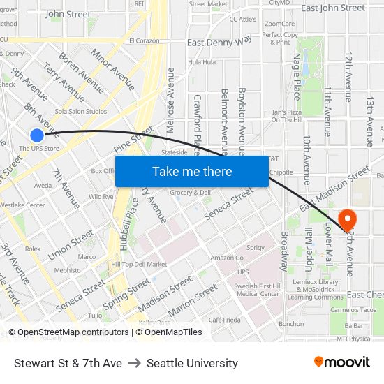 Stewart St & 7th Ave to Seattle University map