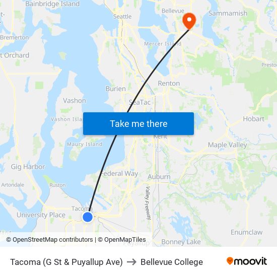 Tacoma (G St & Puyallup Ave) to Bellevue College map