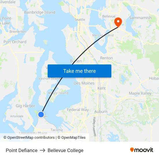 Point Defiance to Bellevue College map