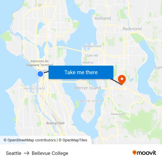 Seattle to Bellevue College map
