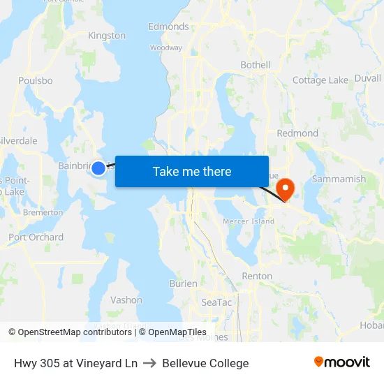 Hwy 305 at Vineyard Ln to Bellevue College map