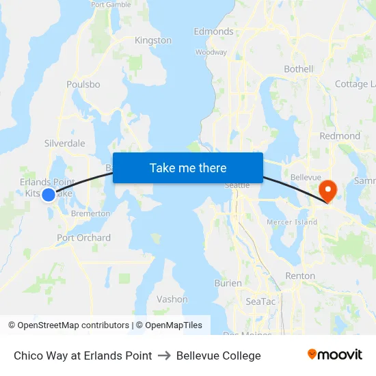 Chico Way at Erlands Point to Bellevue College map