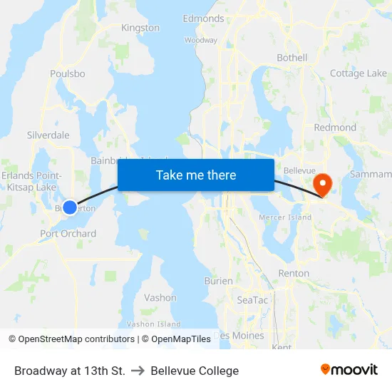 Broadway at 13th St. to Bellevue College map